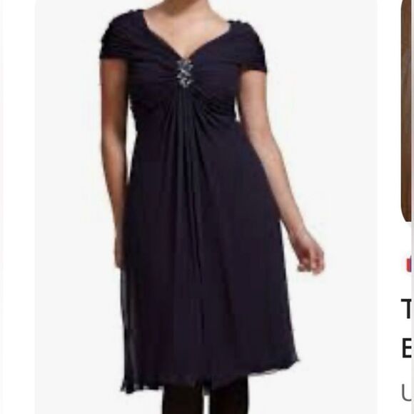 Tadashi Shoji Navy Blue Silk Pleated Beaded Midi Cocktail Dress | Size 14 - Picture 1 of 10